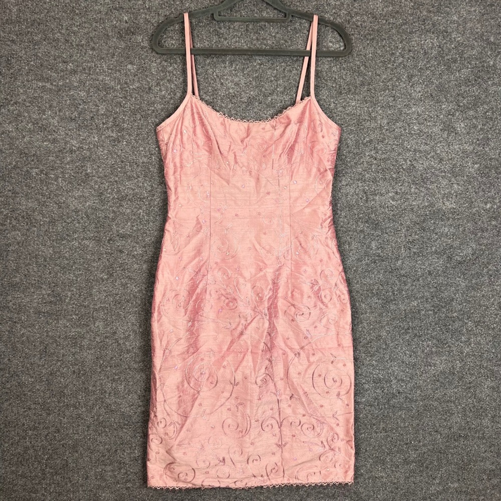 Vintage Nanette Lepore 100% Silk Sheath Dress 6 Pink Sequin Embroidered Midi